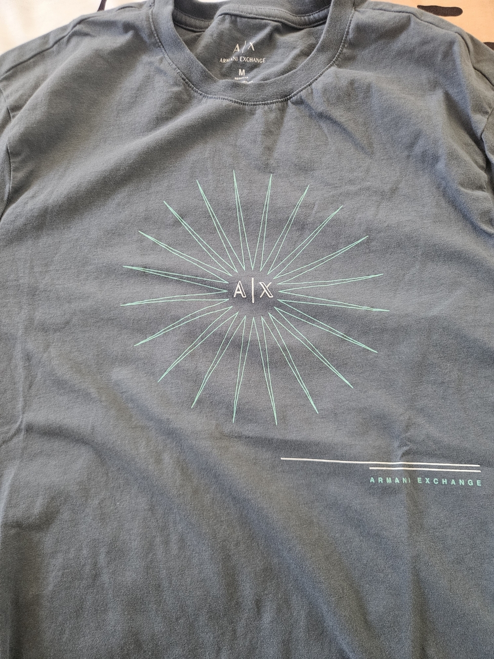 Armani Exchange Men's Charcoal Crewneck Tee with Mint Graphic